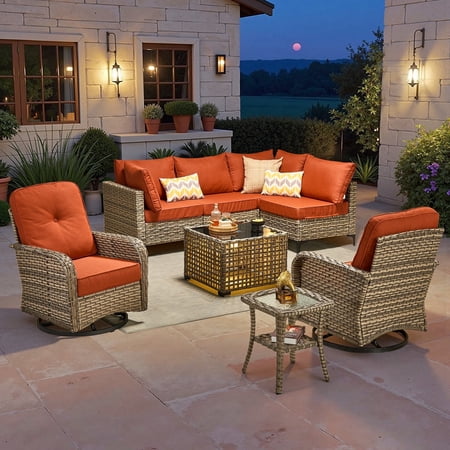 Toject Patio Furniture 8 Pieces All Weather Wicker Patio Conversation Set with Solar Powered Coffee Table Outside Furniture Outdoor Sectional with Swivel Chairs for Backyard Coarse Orange Red