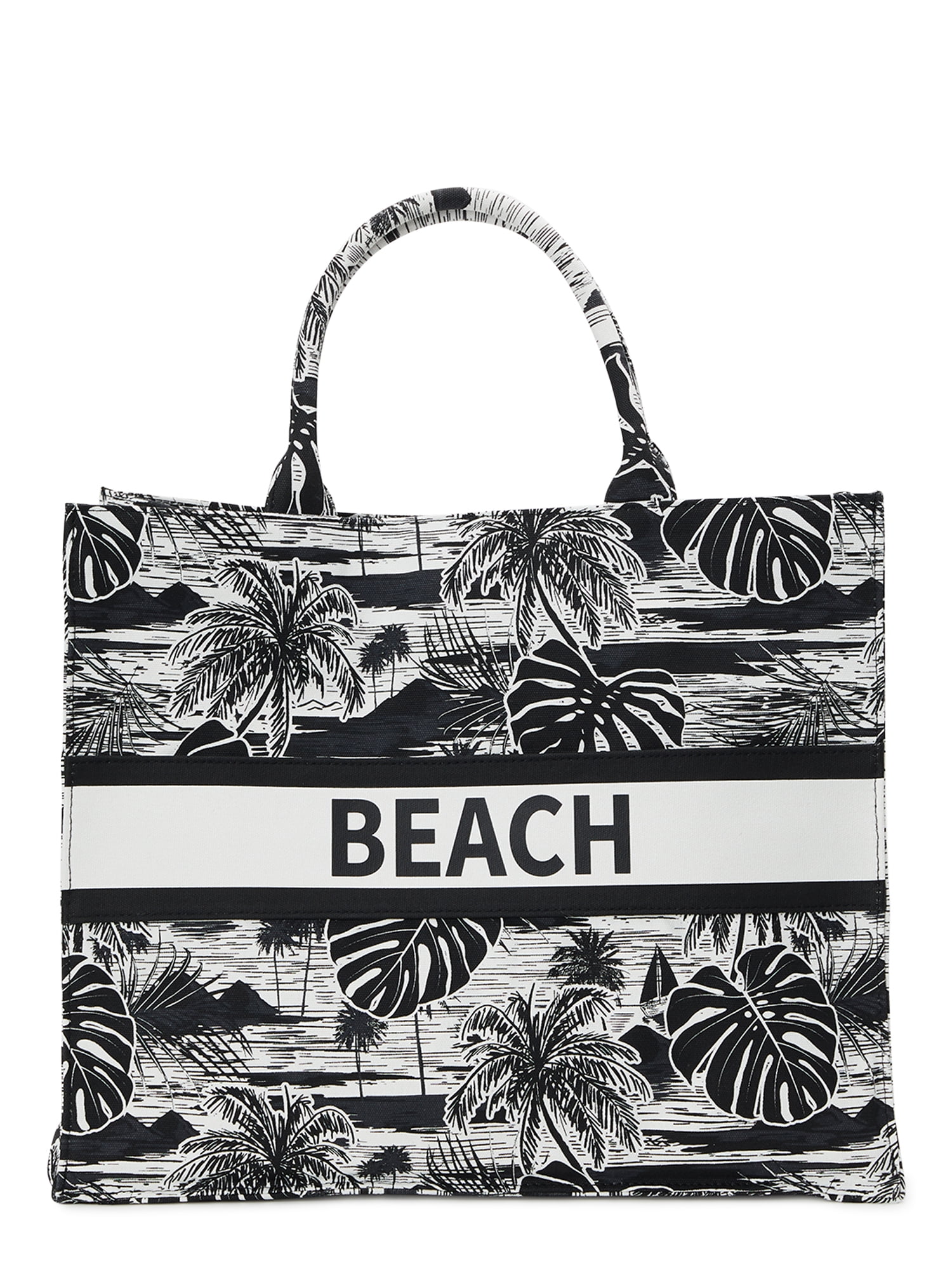 No Boundaries Women's Canvas Print Beach Tote Handbag, Black/White