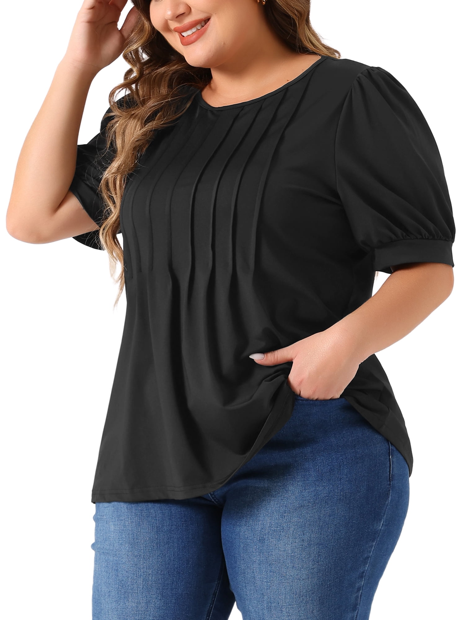 Women's Plus Top Puff Short Sleeve Tops Crew Neck Pleated Shirts Tunic Blouses 3X Black