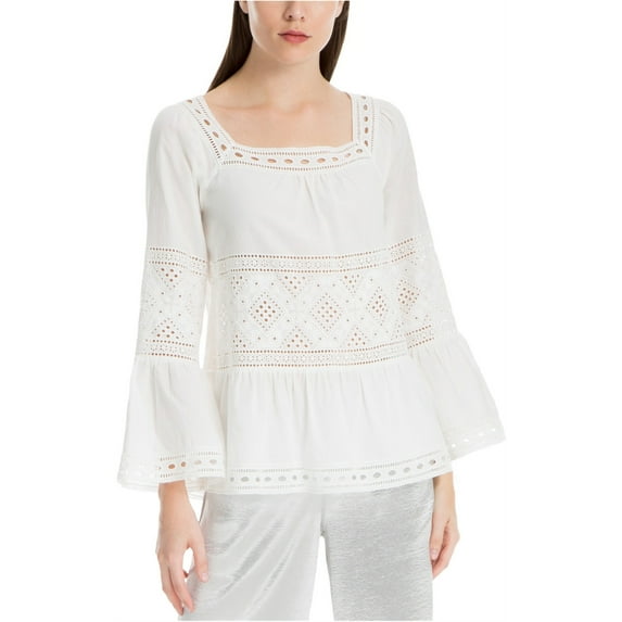 Max Studio London Womens Lace-Trim Peplum Blouse, White, Medium