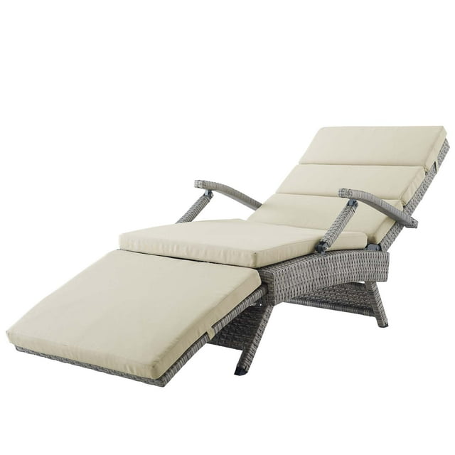 Modern Contemporary Urban Design Outdoor Patio Balcony Garden Furniture Lounge Chair Chaise, Rattan Wicker, Light Gray Beige