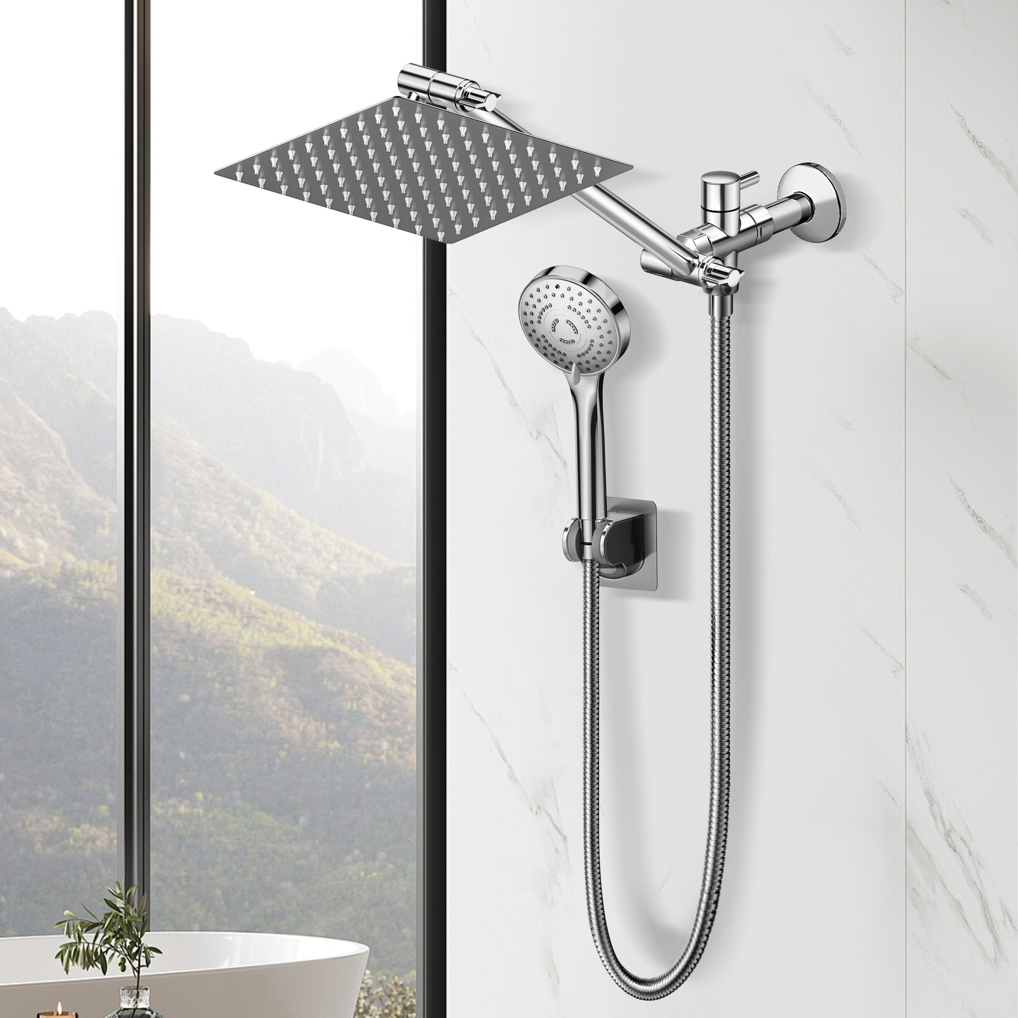 Cshidworld Dual Shower Head Combo, 8" High Pressure Rain Shower Head with 11" Adjustable Extension Arm, 5 Settings Handheld Shower Head with 59" Hose & Holder, Silver Chrome