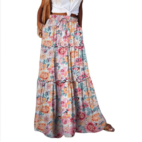 Womens Boho Maxi Skirt 2026 Summer Cruise Casual High Waist Tie Flowy Long Skirt with Pockets For Beach Vacation