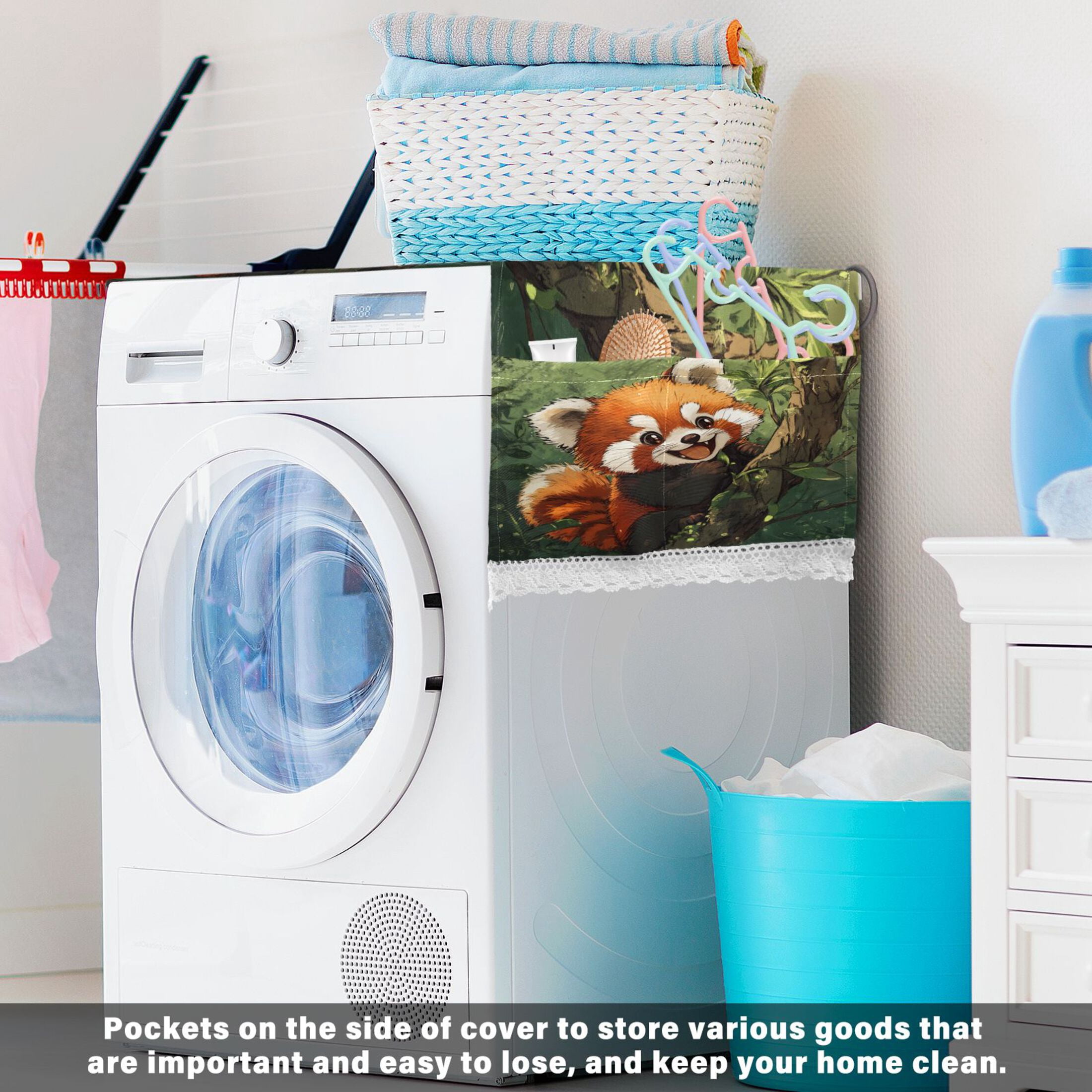 Red PandaWasher and Dryer Covers Dust-Proof and Oil Resistant Fridge Cover with 4 Storage Pockets Washing Machine Top Cover for Laundry Kitchen Home 51.2 x 22 In