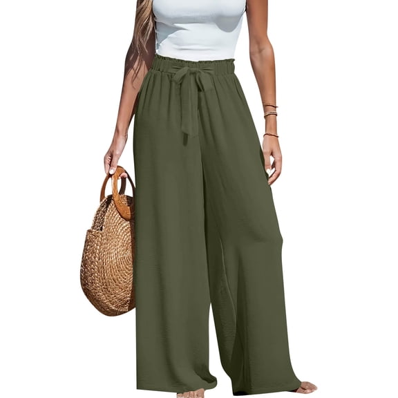 LWavelet Women's Tie Front High Waist Wide Leg Pants with Pockets for Casual & Vacation Wear Army Green M