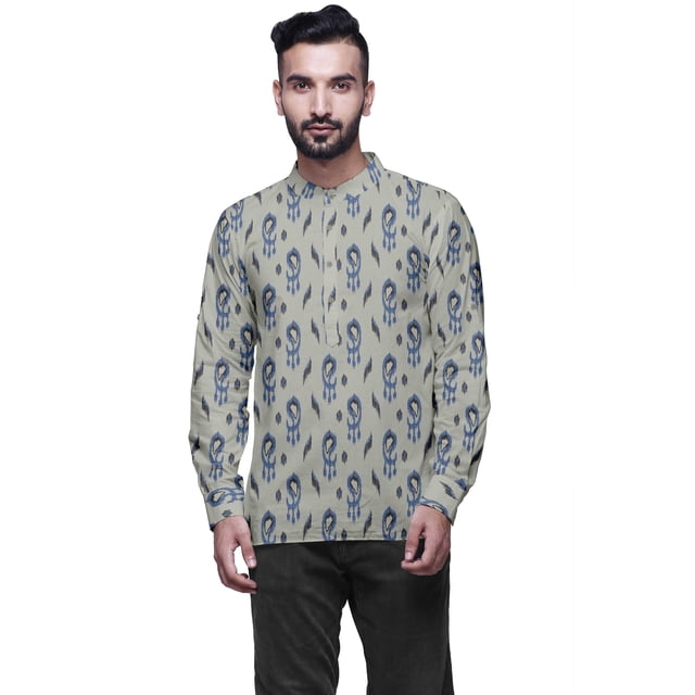 Atasi Kurta Court Imprimé Décontracté à Manches Longues avec Poignets pour Hommes Tenue d'Été