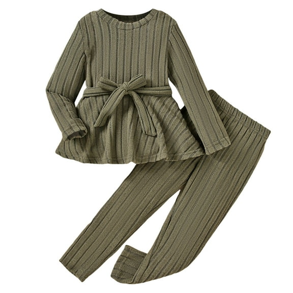 newwalpole Toddler Girl Clothes Fall/Winter Girls Outfits Ruffle Long Sleeve Tops Solid Color Flared Pants Girls' Clothing Sets Amry Green for Size 5-6 Years