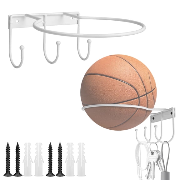 TSV 2 Pack Wall Mount Ball Holder Rack with Hooks, Basketball Football Soccer Volleyball Storage Organizer for Garage Gym
