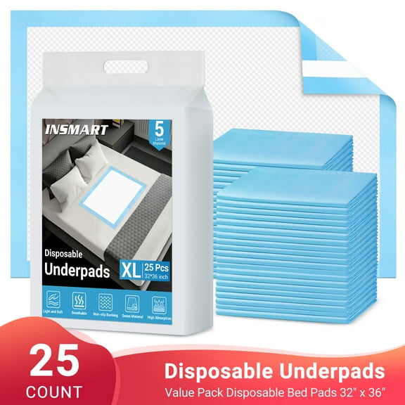 INSMART Disposable Underpads 32'' X 36'' , 25 Count Disposable Incontinence Bed Pads-Bed Pads for Incontinence Disposable-Waterproof Bed Pads-Incontinence Bed Pads(Upgrade Tape)