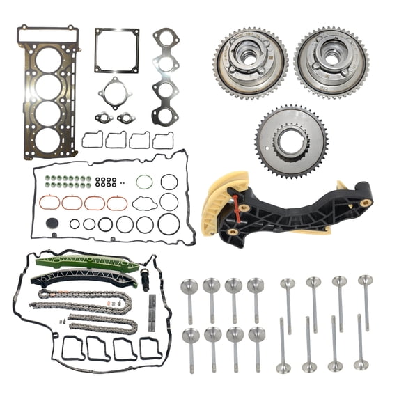 Camshaft Adjuster Gears + Timing Chain Kit +Tensioner + Cylinder Head Gasket Set + 16Pcs Intake Exhaust Valves for Mercedes C/E/SLK W204 W212 S204 S212 C207 A207 R172 M271