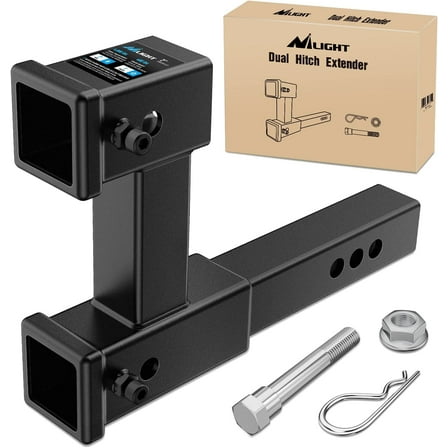 Nilight Dual Hitch Extension with Bolt Nut Kit Fits for 2 inch Receiver Extender to 10inch Max Length Adjust 7-1/2" Riser or Drop 4,000 lbs GTW