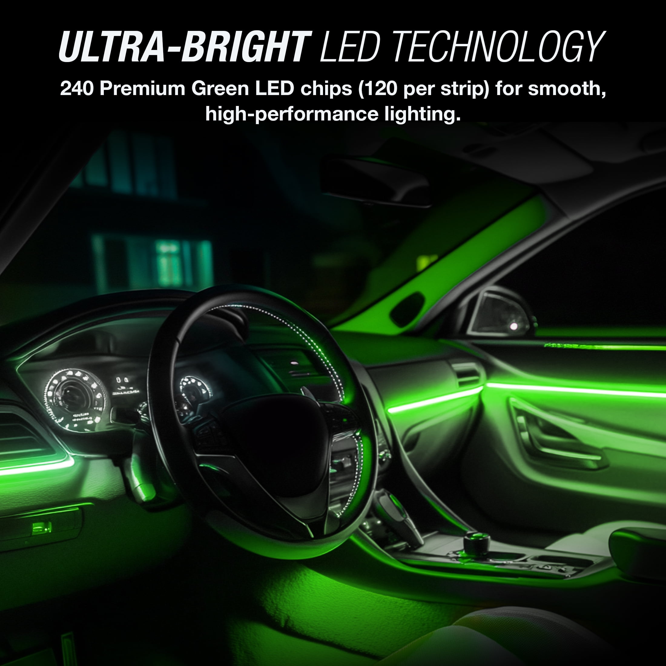 (2 pack) TYPE S - Infinite Glow Green LED Ambient Lighting - Car LED Strip Lights, Light Sync Technology, 3M Adhesive, Trimmable, 12V, 2 x 12" Green Strips, 24 inches