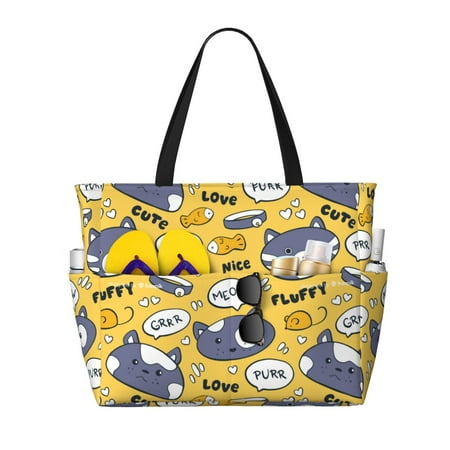 Beach Bags For Women - Cute Cat Face Collar Fish Large Beach Tote Bag  Beach Bags Waterproof  Reusable Grocery Pool Travel Gym Bag.