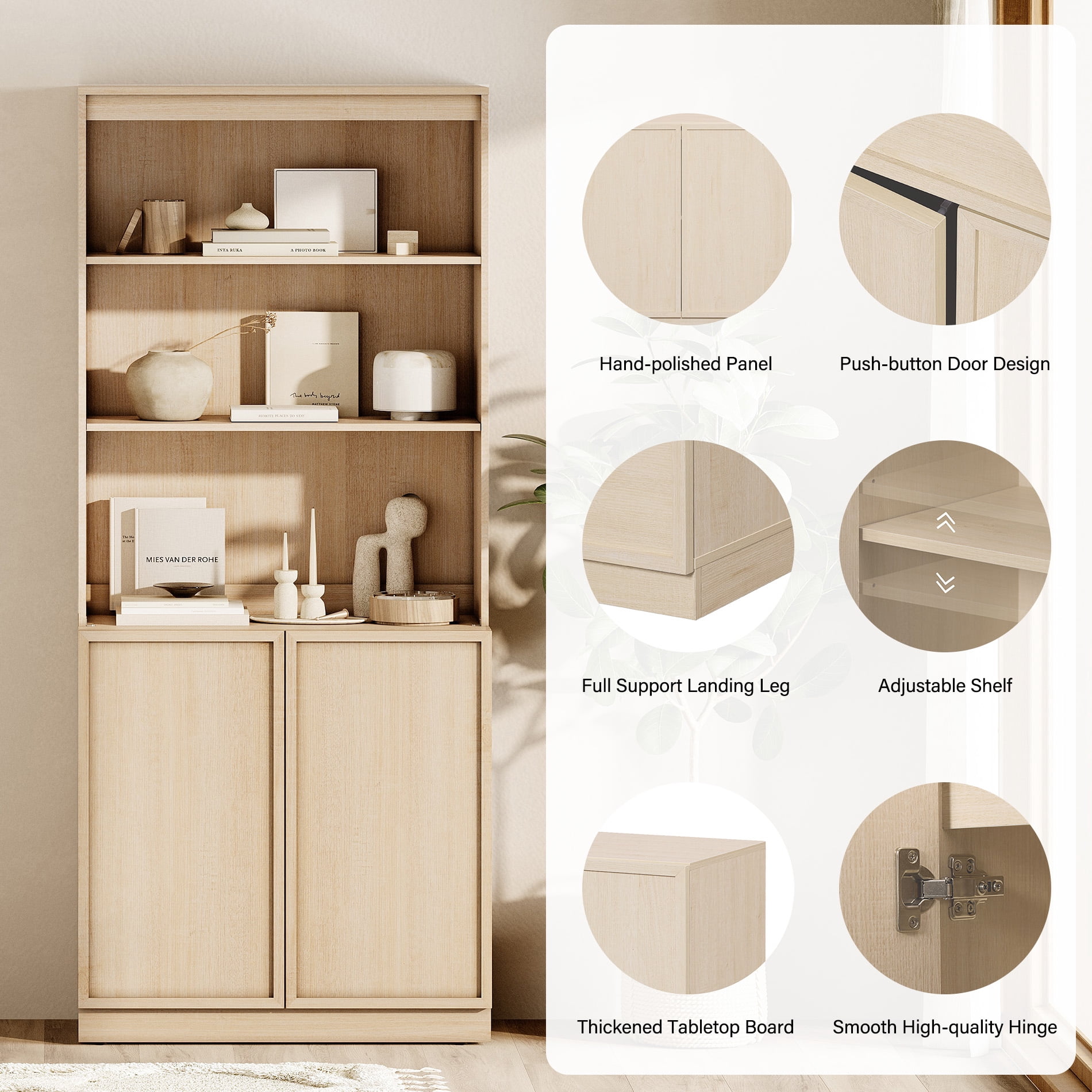 Modern 72" Tall Bookshelf with Storage Cabinet and Open Book Shelves, Wood Book shelf for Home Office, Living room,Beige
