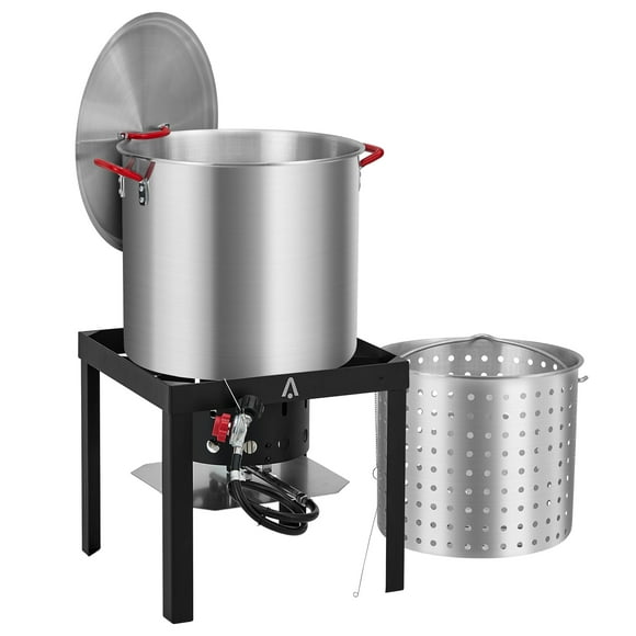 High-Powered Outdoor 60Qt Aluminum Seafood Boil Pot Kit with 110,000 BTU Propane Jet Igniter – Strainer Basket, Lifting Hook, Turkey Fryer – Ideal for Crawfish, Crab, Shrimp, Backyard Cooking