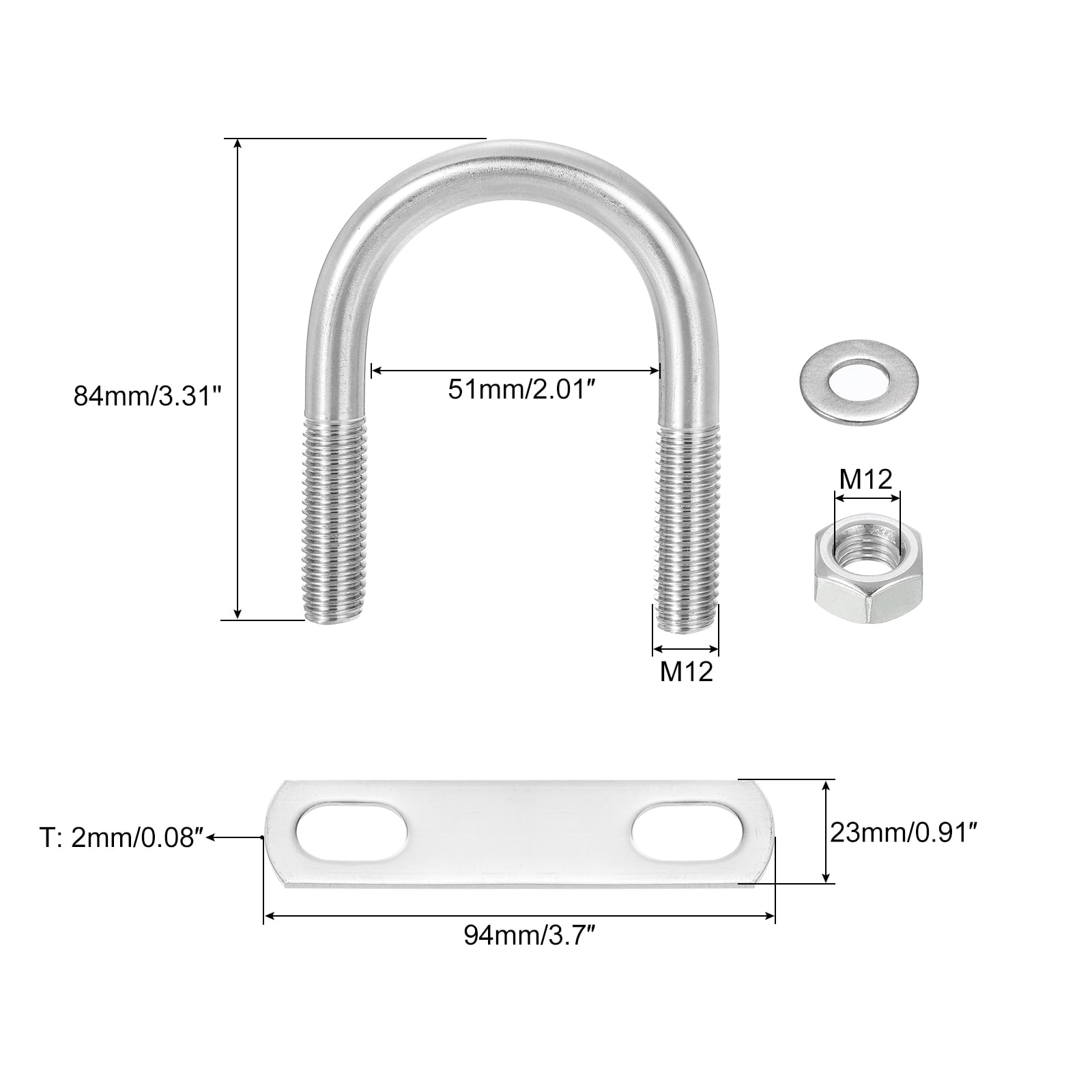 Round U-Bolts, 4 Sets 49mm(1.93") Inner Width 84mm Length M12 304 Stainless Steel U Clamp Bolt with Nuts and Plates