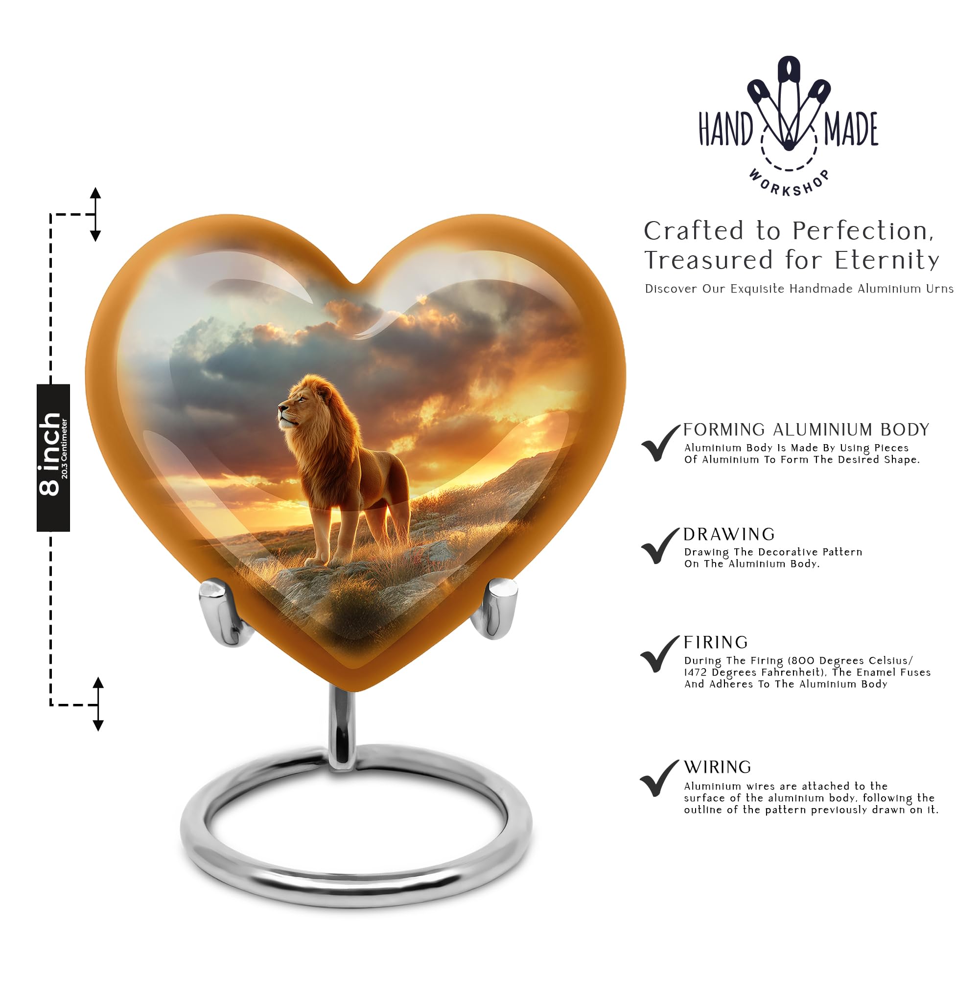 Lion Cremation Urns For Human Ashes Heart Shape - Adult Cremation Urn For Ashes, Heart Urn For Men & Women, Handmade Funeral Urns - 10inch, Large Size with Velvet Bag - 1pcs
