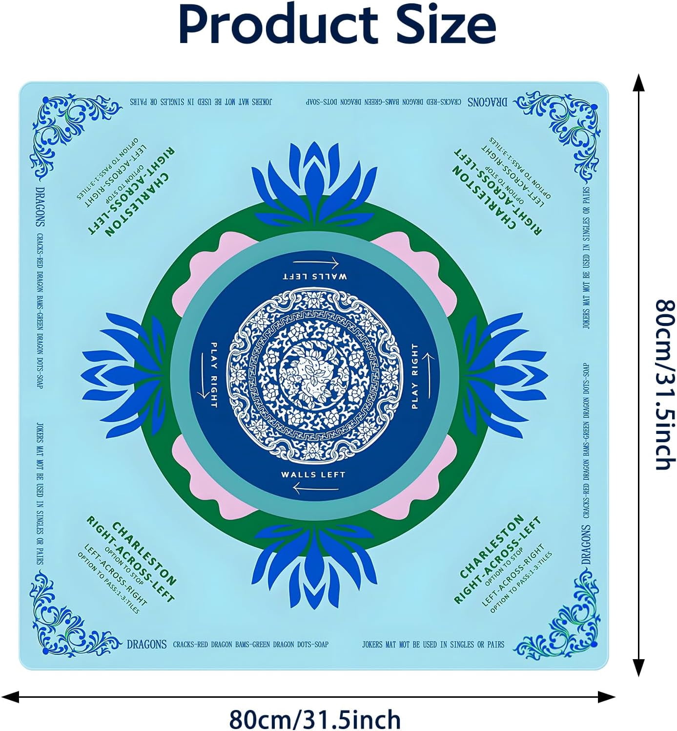 Blue Mahjong Mat for Table, American Mahjong Mat with Printed Rules, 31.5" x 31.5", Anti-Slip, Noise-Reducing Table Cover for Mahjong, Poker, Board Games, Dominoes, and Card Games.