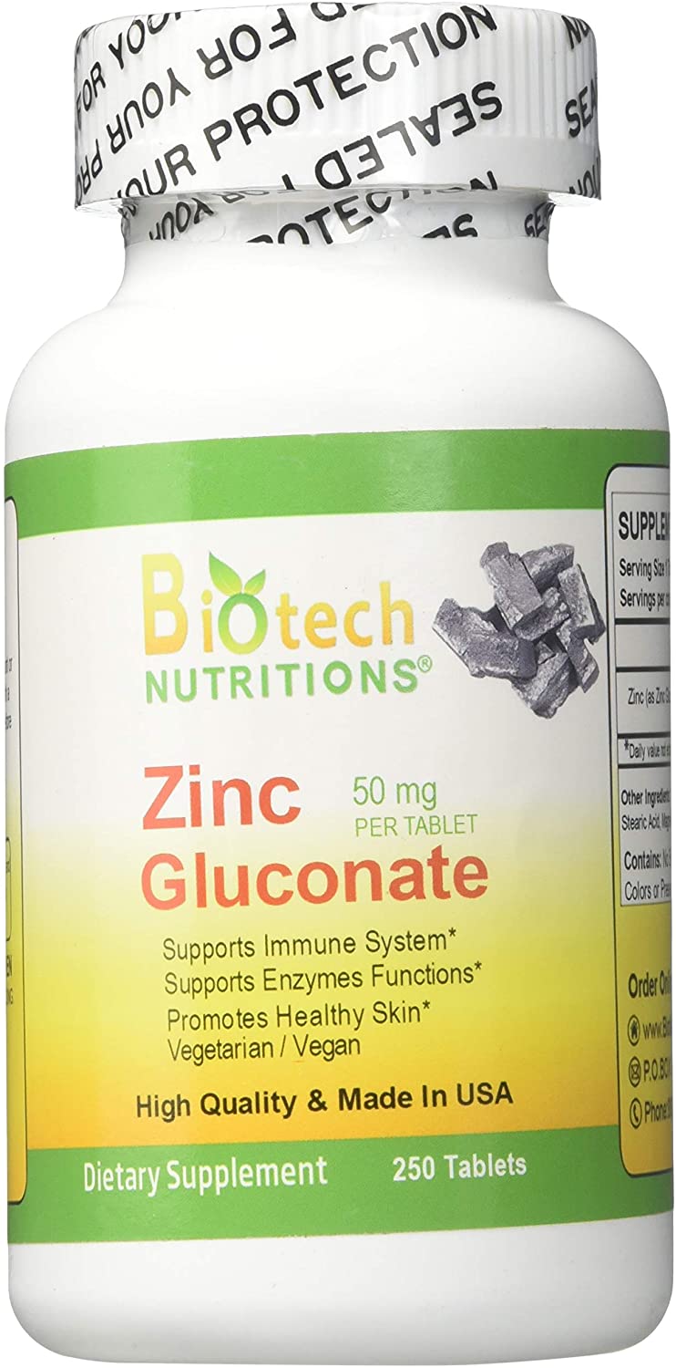 Biotech Nutritions Zinc Gluconate 50 mg 250 Tablets Made in USA