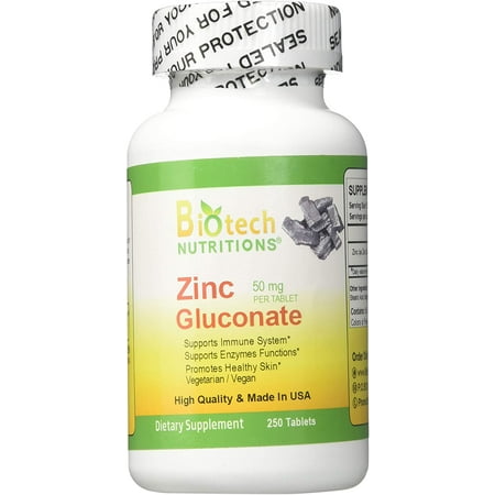 Best by 06/2024) Biotech Nutritions Zinc Gluconate 50 mg 250 Tablets Made in USA Vegetarian/Vegan