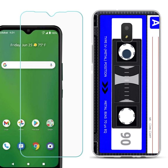 Slim-Fit TPU Fashion Phone Case for Cricket Icon 3, with Tempered Glass Screen Protector, by OneToughShield ® - Cassette Blue