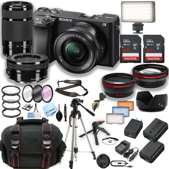 Sony a6400 Mirrorless Camera with16-50mm & 55-210mm Zoom Lenses   2pcs 64GB Memory   LED Video Light   Case  Tripod   Steady Grip Pod   Filters   Macro   2X Lens   2X Batteries   More (40pc Bundle)