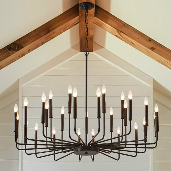47.24" Black 27-Light Large Modern Farmhouse Chandelier, 2-Tier Candle Style with Adjustable Height for Dining Room Living Room Foyer Great Room