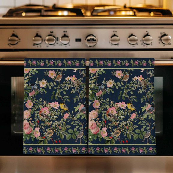 Black Flowers Kitchen Towels Set of 2, Spring Floral Elegant Pastoral Vintage Absorbent Dish Towels for Kitchen, Microfiber Hand Towel, Quick Drying Tea Towel for Cleaning Decorative Dishcloths