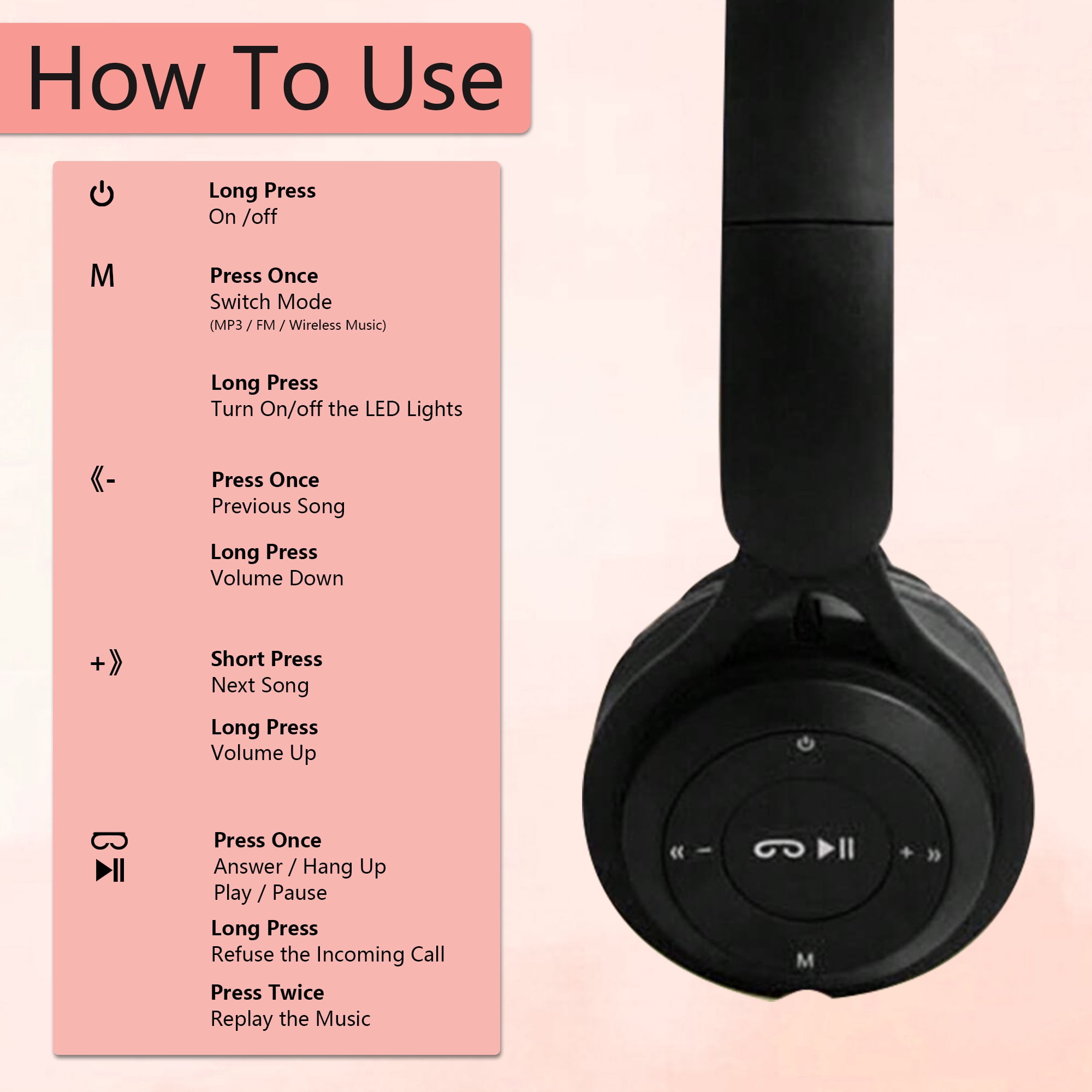 2Packs Rabbit Ear Kids Wireless Headphones with Microphone,Headphones for Girls Boys for School,Volume Limiter,Teens Toddlers Wireless Headphones,for Mobile Phones/Tablet/PC,Pink&Black