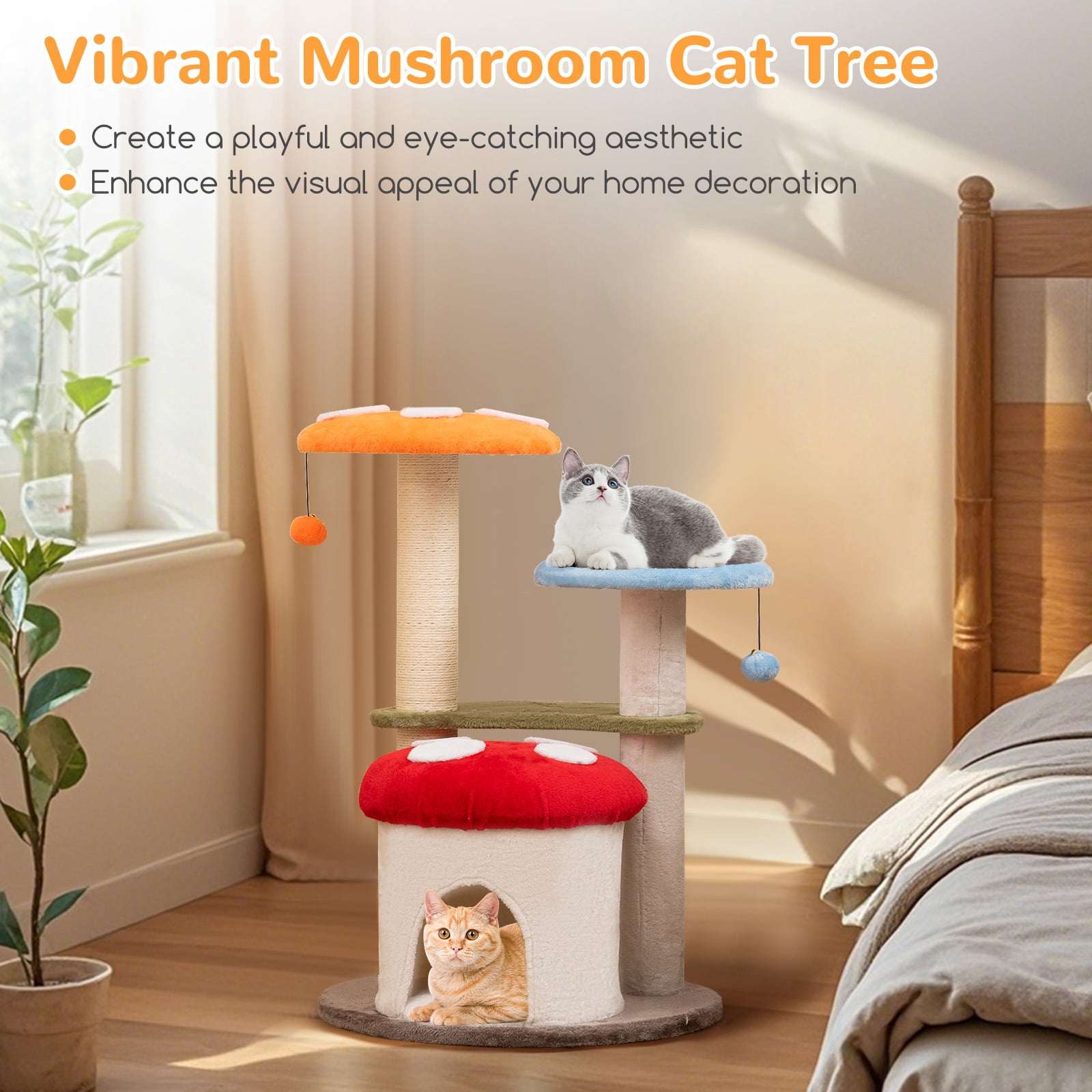 Gymax Cute Mushroom Cat Tree 35'' Tall Cat Tower w/ Sisal Scratching Posts Cat Condo