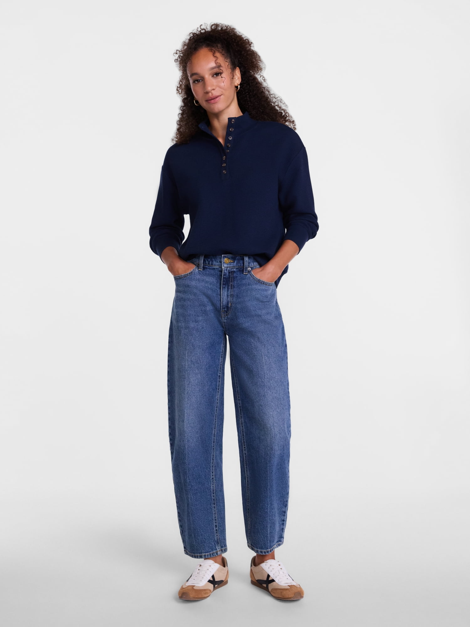 Scenario Women's and Women's Plus Waffle Knit Button Top with Long Sleeves, Sizes XS-4X
