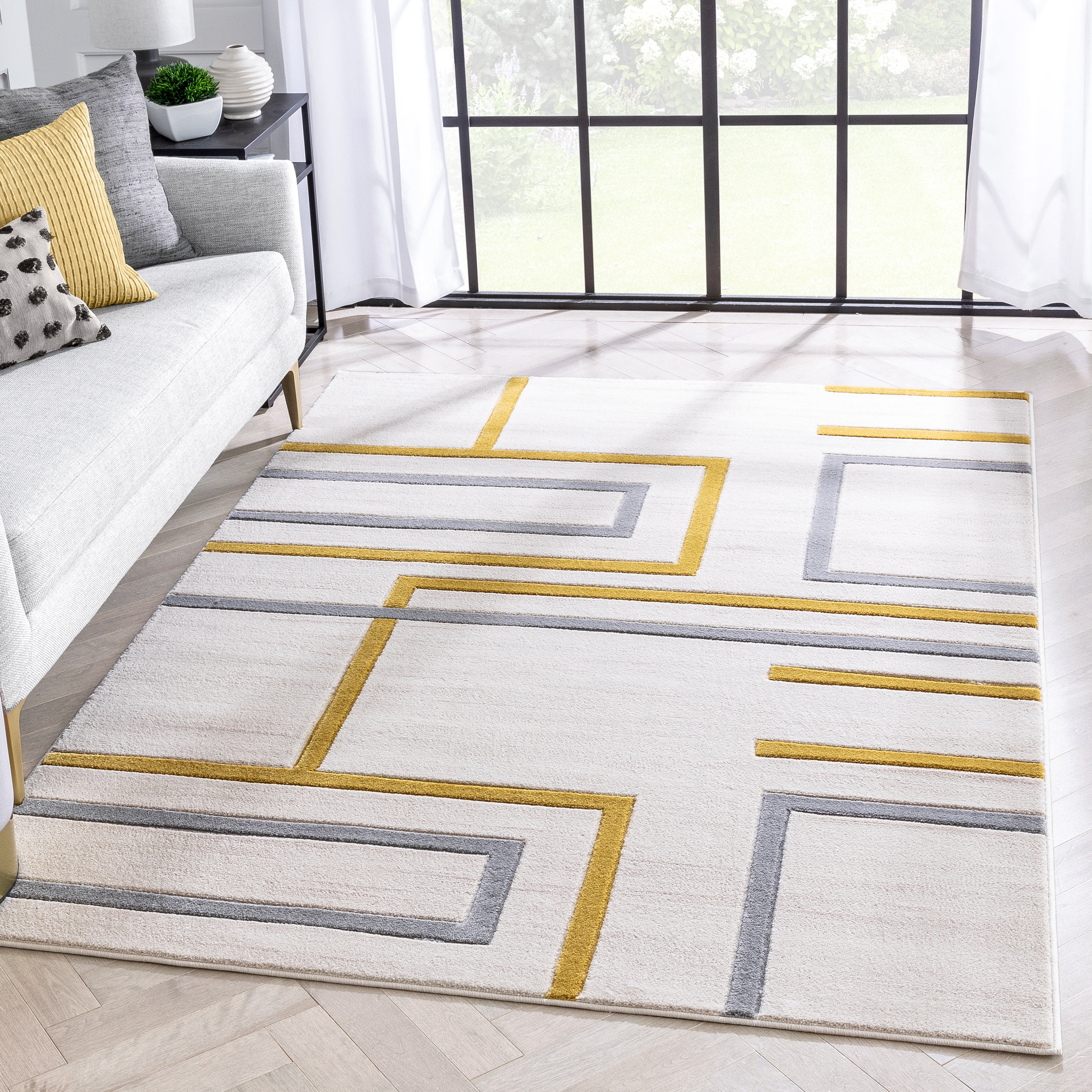 Well Woven Mystic Perla Gold Modern Geometric 5'3 x 7'3 Distressed Area Rug 