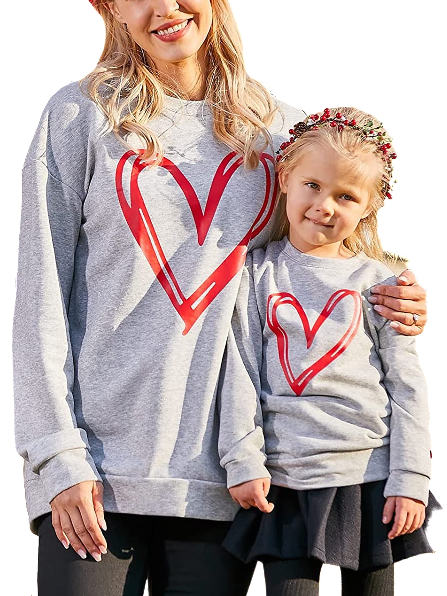 Mother Daughter Matching Valentine Days Outfits Women Girls Love Heart Long Sleeve Pullover T-Shirt Tops Blouse 