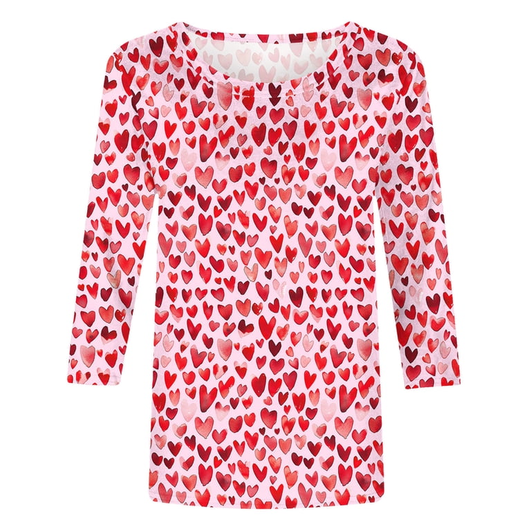 VKOYWKM Valentine's Day Heart T Shirts Cute Heart Print 3/4 Sleeve