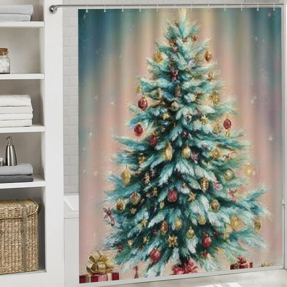 Christmas Shower Curtain, Christmas Tree Gifts Shower Curtain with Hooks for Christmas Home Bathroom Decor Washable Curtains, 72x72 in