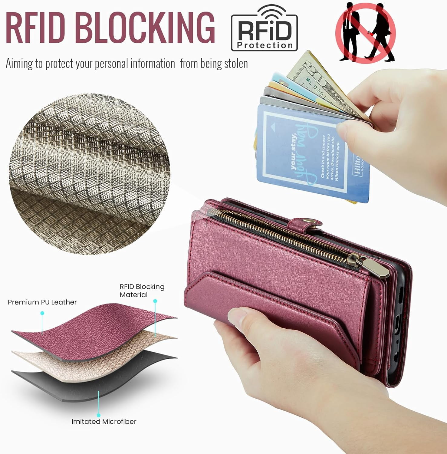 Phone Case for Samsung Galaxy A32 5G 2021 6.5 inch Zipper Wallet Cover with Screen Protector and Leather Flip RFID Blocking Card Holder Cell M32 G5 A 32 32A S32 SM-A326U A326U Women Wine Red