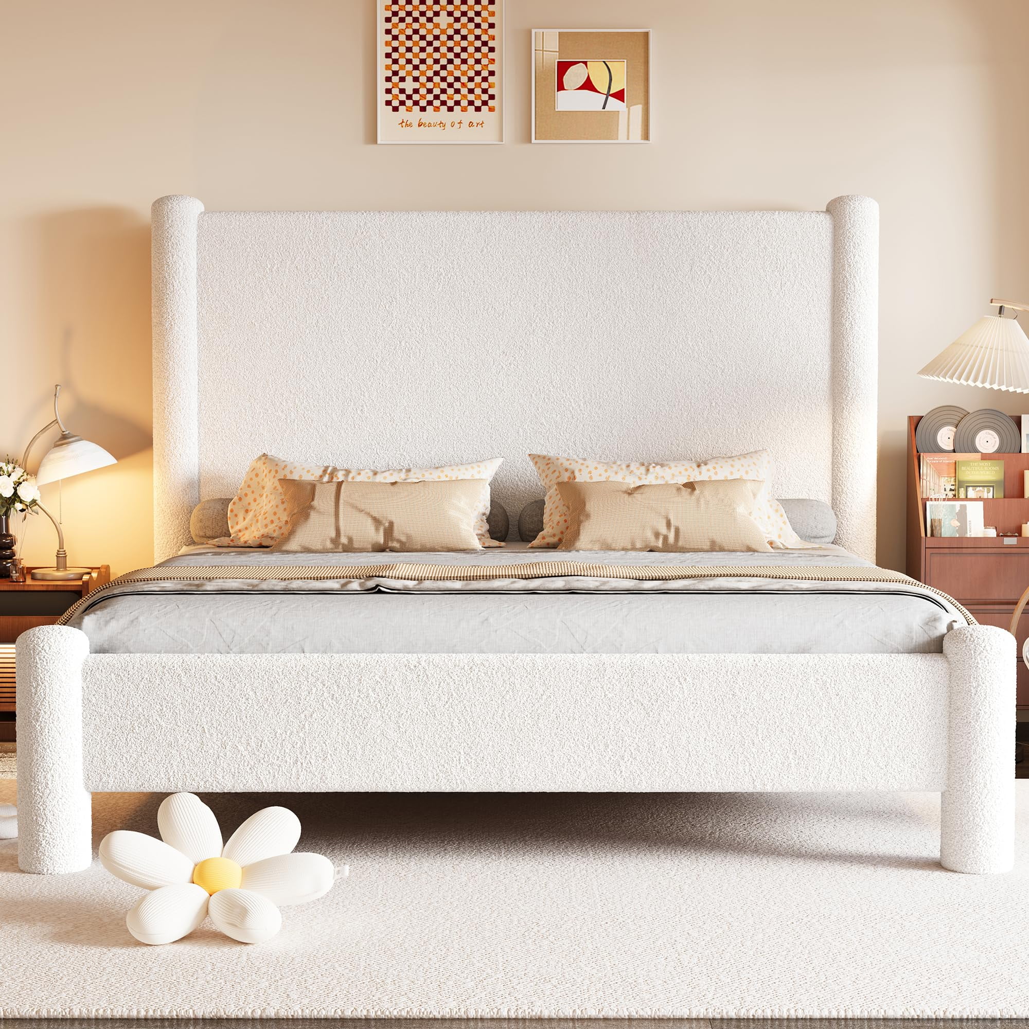 Merluxy Queen Size Bed Frame, Boucle Upholstered Bed Frame with Charging Station, Platform Bed with Soft Rounded Corners, Easy Assembly, White
