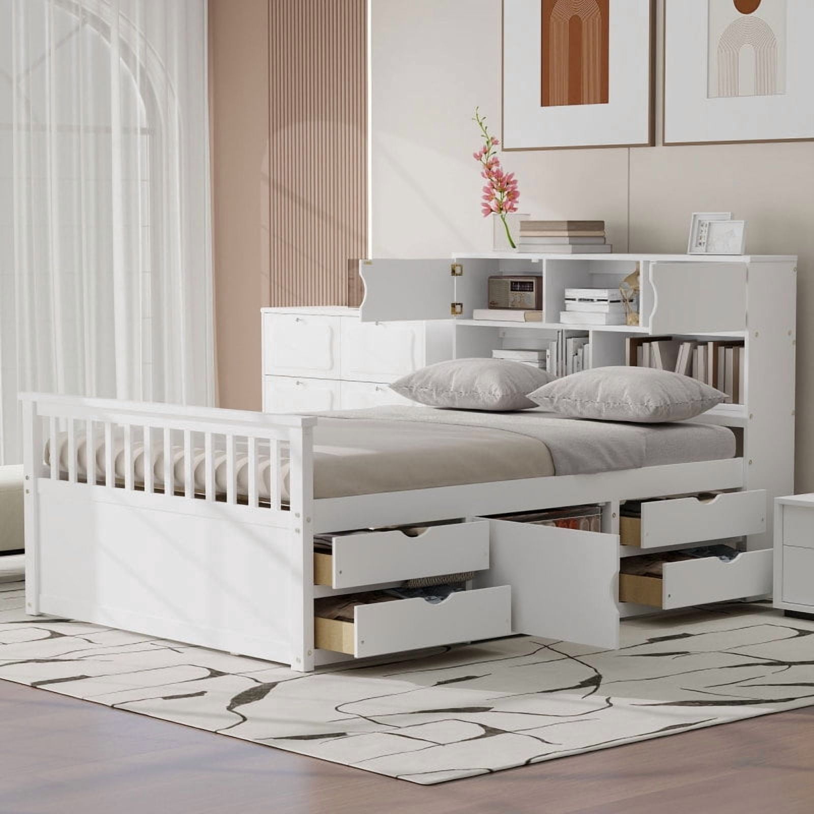 [Luckynote]Full Size Captain Platform Bed Frame with Storage Bookcases and Shelves,Four Drawers,White
