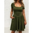 thumbnail image 4 of Women'S Summer Casual Short Sleeve Square Neck A Line Pleated Swing Dresses Short Dress with Pockets Army Green L, 4 of 8