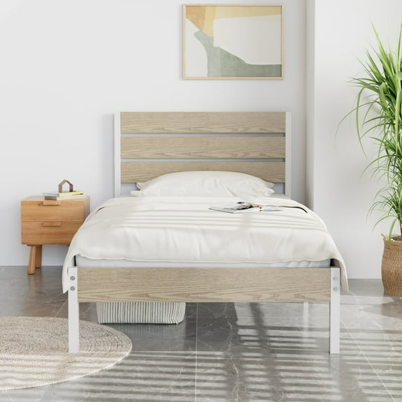 VECELO Twin Size Platform Bed Frame, Metal Bed Frame with Wooden Headboard, Heavy Duty Slats Support, No Box Spring Needed, Under-Bed Storage, Natural Wood