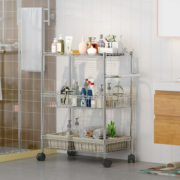 Slim Rolling Cart with Handle 3 Tier Rolling Utility Carts Heavy Duty Commercial Grade Utility Cart Wire Rollings Carts Steel for Kitchen, Dining Room, Living Room, Home Office