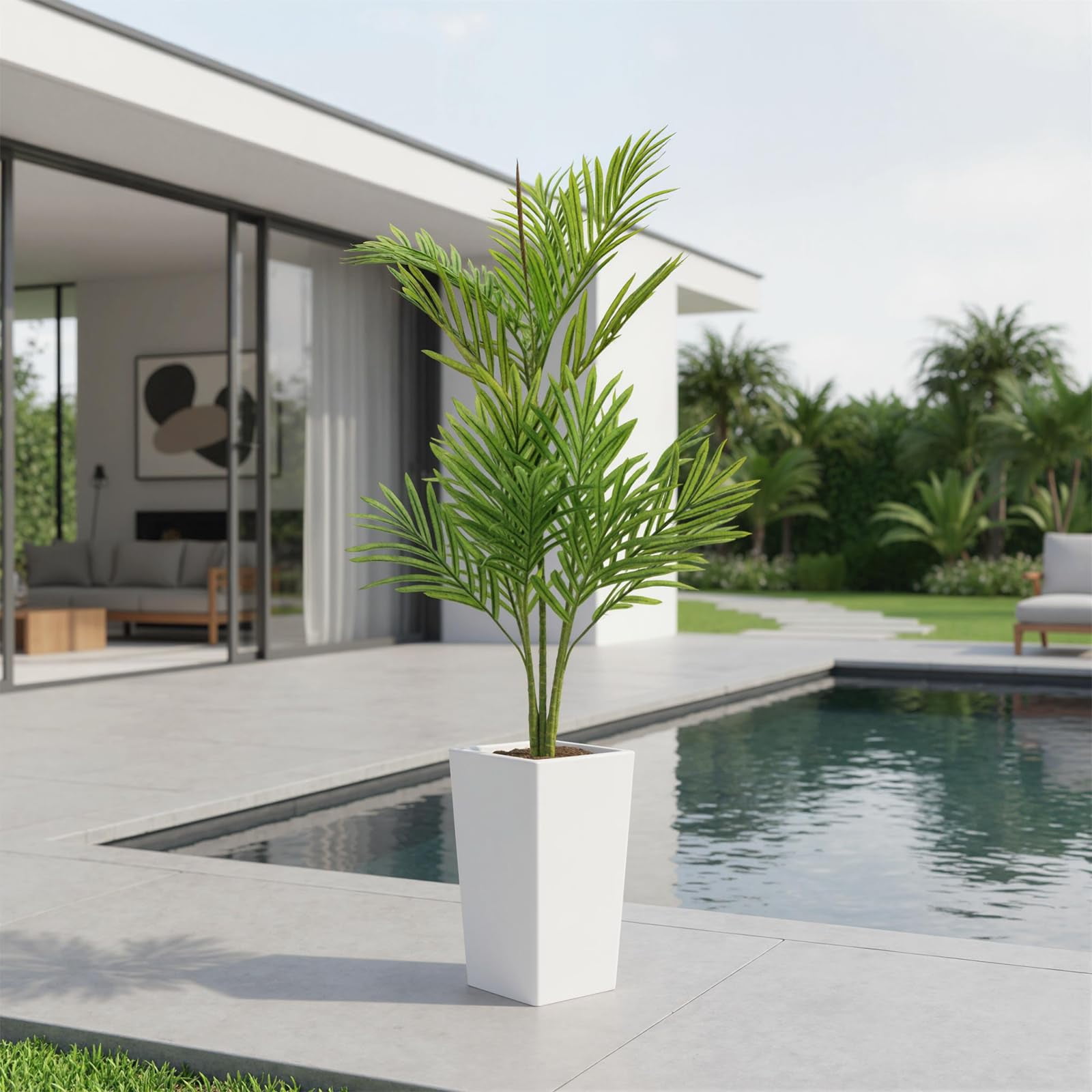 Accreate Artificial Palm Tree, Tall Faux Tropical Areca Plants with White Tall Planter, Fake Potted Tree with Lifelike Leaves for Indoor Living Room Bedroom Home Office Decor