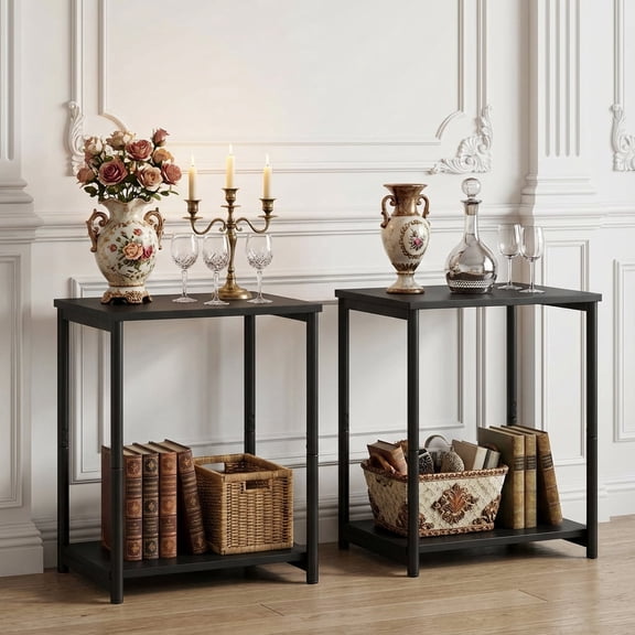 LEDREM Side Tables Set of 2, Slim Industrial End Tables with Storage Shelf, Sturdy Steel Frame & Particleboard, Multi-Use for Living Room, Bedroom, Office, Black