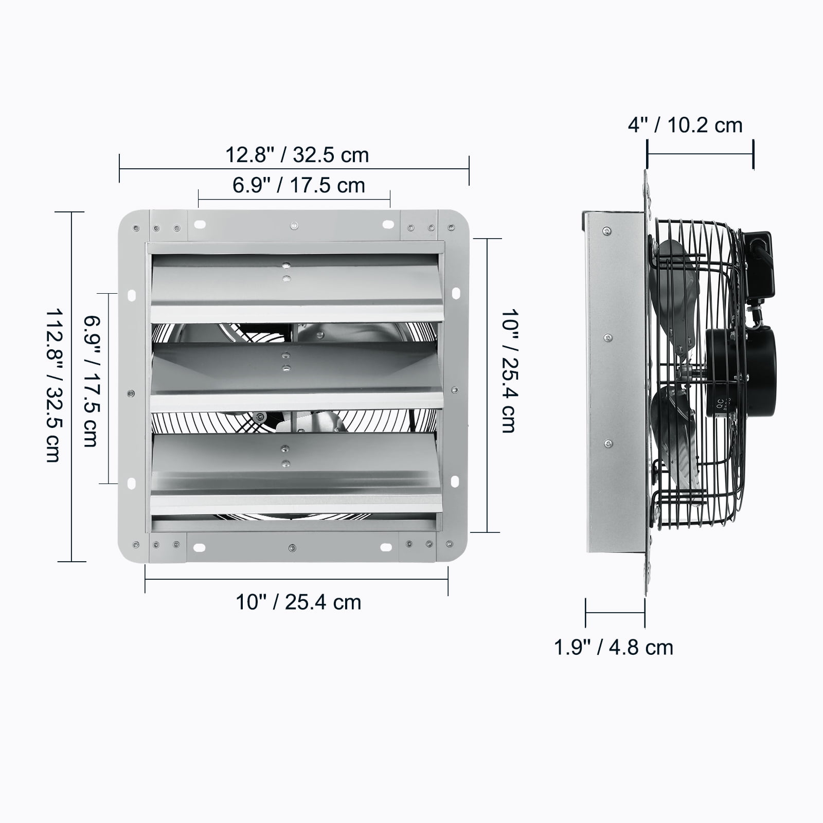 SKYSHALO 10'' Duct 820 CFM 45 Watt Galvanized Steel Shutter Exhaust Fan, 1650 RPM - Silver