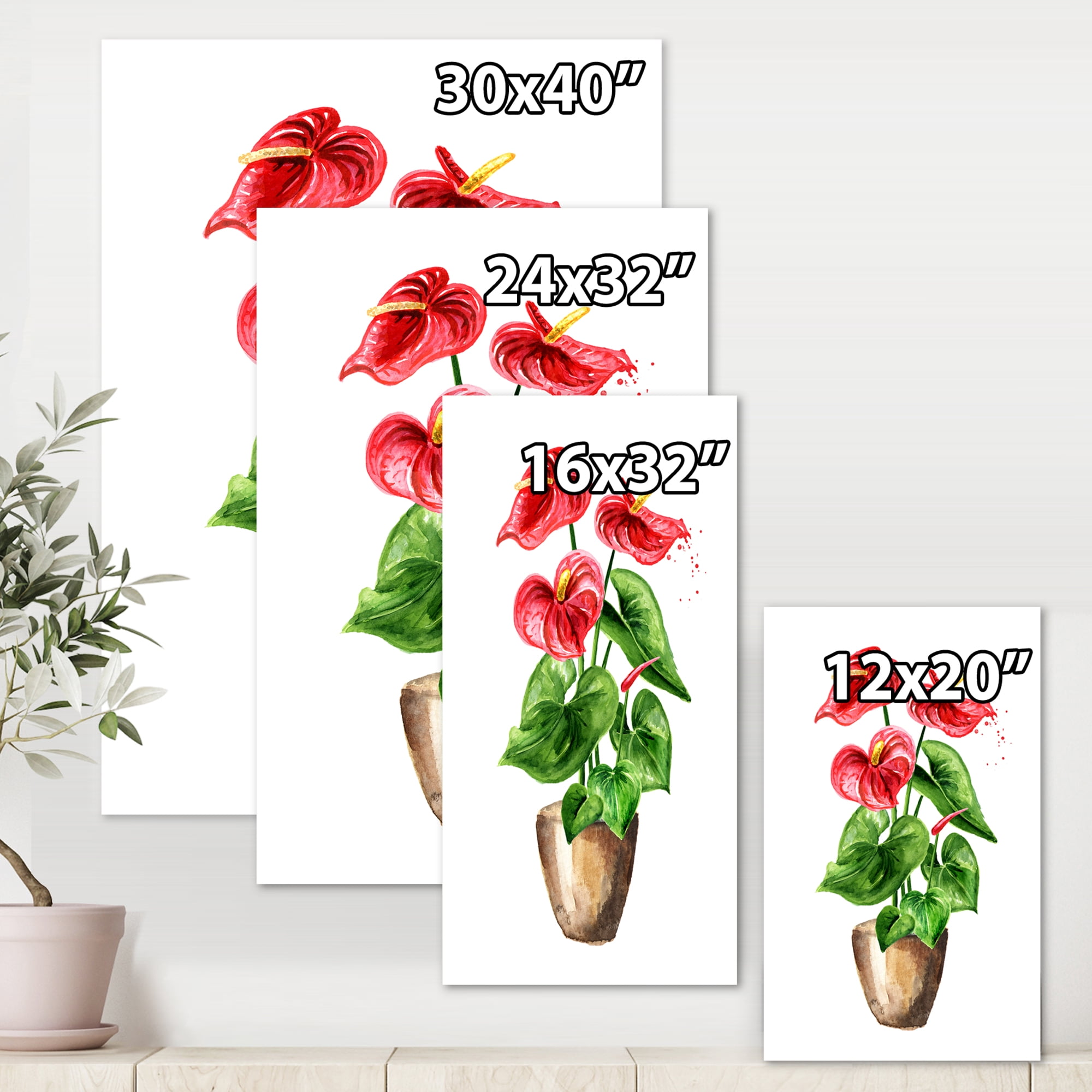 Anthurium Tailflower In The Pot 12 in x 8 in Painting Canvas Art Print, by Designart