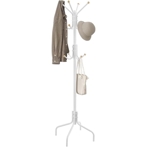 Coat Rack Freestanding, Metal Coat Rack Stand with 12 Hooks and 4 Legs, Holds Clothes, Hats, and Bags, for Entryway, Living Room, Bedroom, White URCR031W01