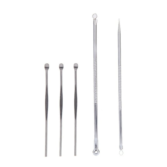 Yeacher 2PCS Silver Blackhead Comedone Remover Acne Blemish Pimple Extractor Skin Care Tools with 3PCS EarPick Spoon Tool Ear Wax Remover Curette Remover