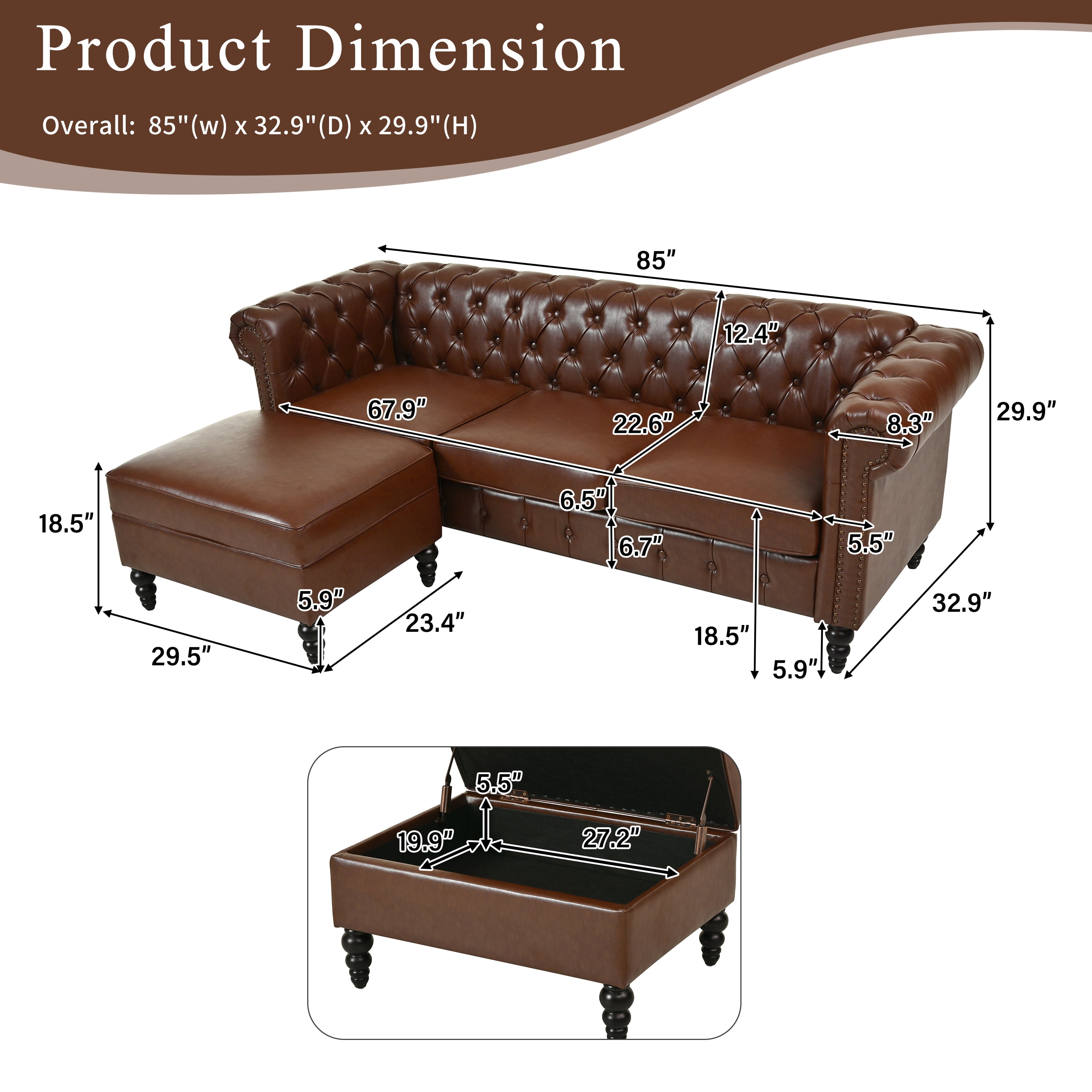 Howcool 85"W Chesterfield Sectional Sofa with Storage Ottoman,L-Shaped Faux Leather Sofa Couch,4-Seater Modular Sofa with Tufted Back & Nailhead Trim for Living Room,Brown