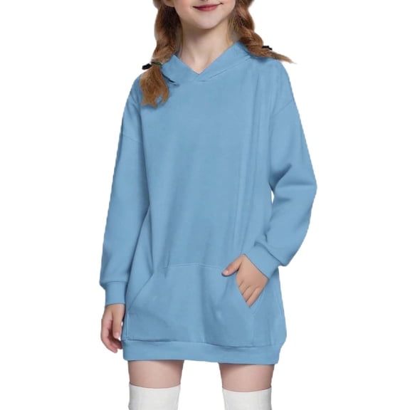 Tfken Girls Dresses Soft Comfy Holiday Travel Girls Long Sleeve Hooded Dresses With Pockets Casual Solid Pullover Toddler Cute Clothes Size 5-6 Years