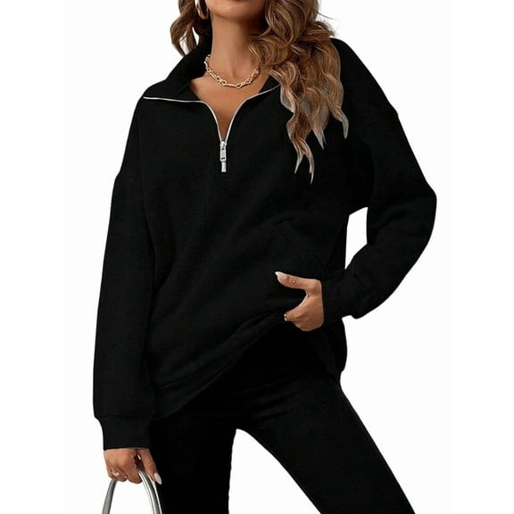 Women' Sweatshirts Half Zip Quarter Zipper Long Sleeve Hoodies Fall Fashion Outfits Clothes Black XL